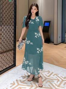 DAZY 女式花卉印花荷叶边领短袖优雅中长连衣裙舞会礼服