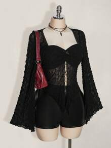 SHEIN ICON Plus Size Knitted Jacquard Flared Sleeve Pleated Square Neck Sexy T-Shirt, Knit Top, Suitable For Summer, Y2K Style