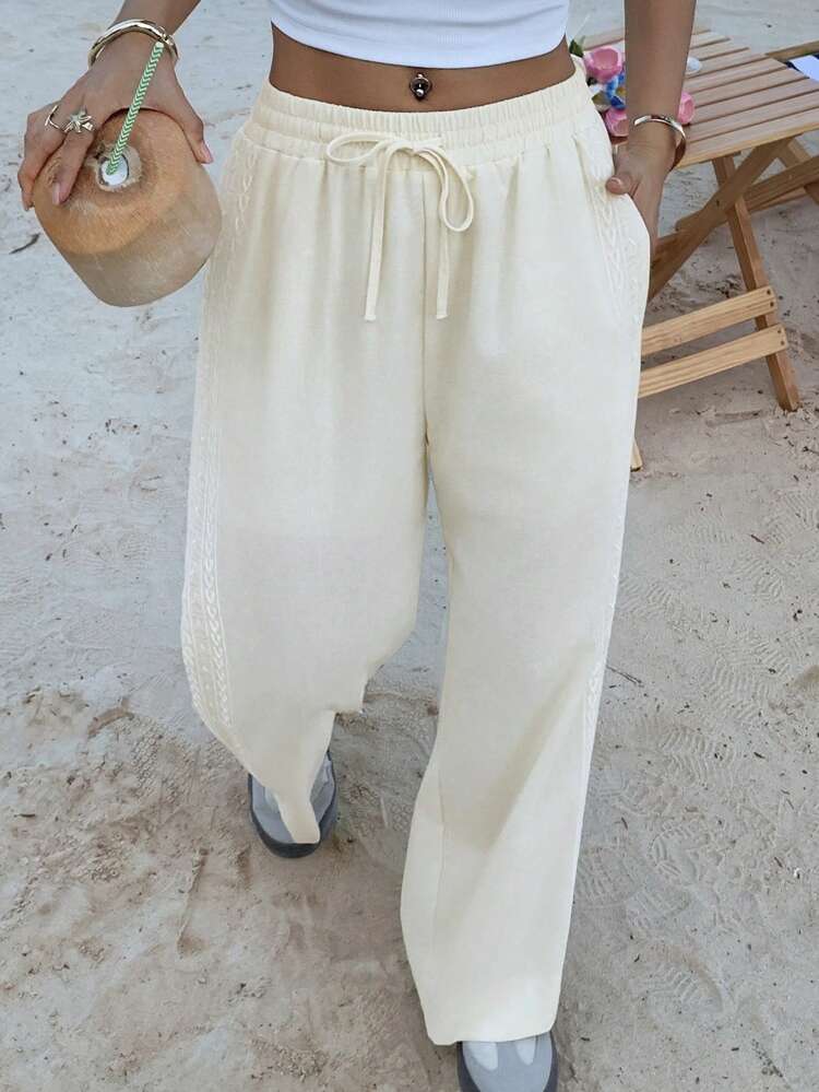 Full Floral Embroidered Elastic Waist Wide Leg Women Pants