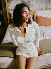 lacRébo 奶油色复古花卉纽扣前长袖上衣和宽松短裤家居服套装，生菜下摆，秋冬秋季服装 - 彩色 - 查看 7