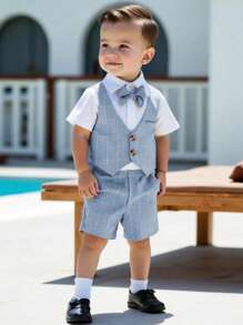 Souflis Souflis 2 stuks babyjongens ruitpatroon splice revers korte mouw shirt en shorts set