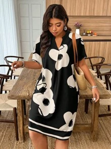 Weeklong 大码花卉印花缺口领短袖夏季连衣裙 - 黑色 - 查看 5
