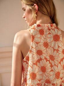 Écloséra 法式复古白色打底配亮黄色刺绣领口荷叶边无袖A字荷叶边下摆短款衬衫裙女夏日度假约会浪漫黄色连衣裙 - 黃色 - 查看 2