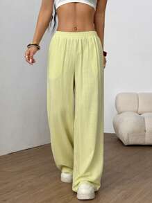 SHEIN EZwear Solid Slant Pocket Linen Wide Leg Pants,Cargo Pants - Lime Green - View 6