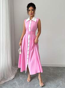 Chiquease 优雅简约腰带交叉领无袖前扣年轻女士粉色休闲连衣裙 - 粉色 - 查看 3