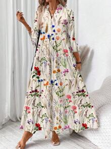SHEIN LUNE Vestido de manga larga acuchillado con estampado floral acuarela con cuello en V, adecuado para primavera/verano
