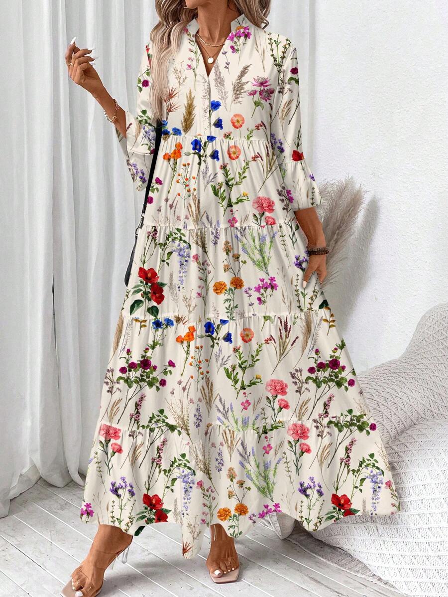 SHEIN LUNE Vestido de manga larga acuchillado con estampado floral acuarela con cuello en V, adecuado para primavera/verano