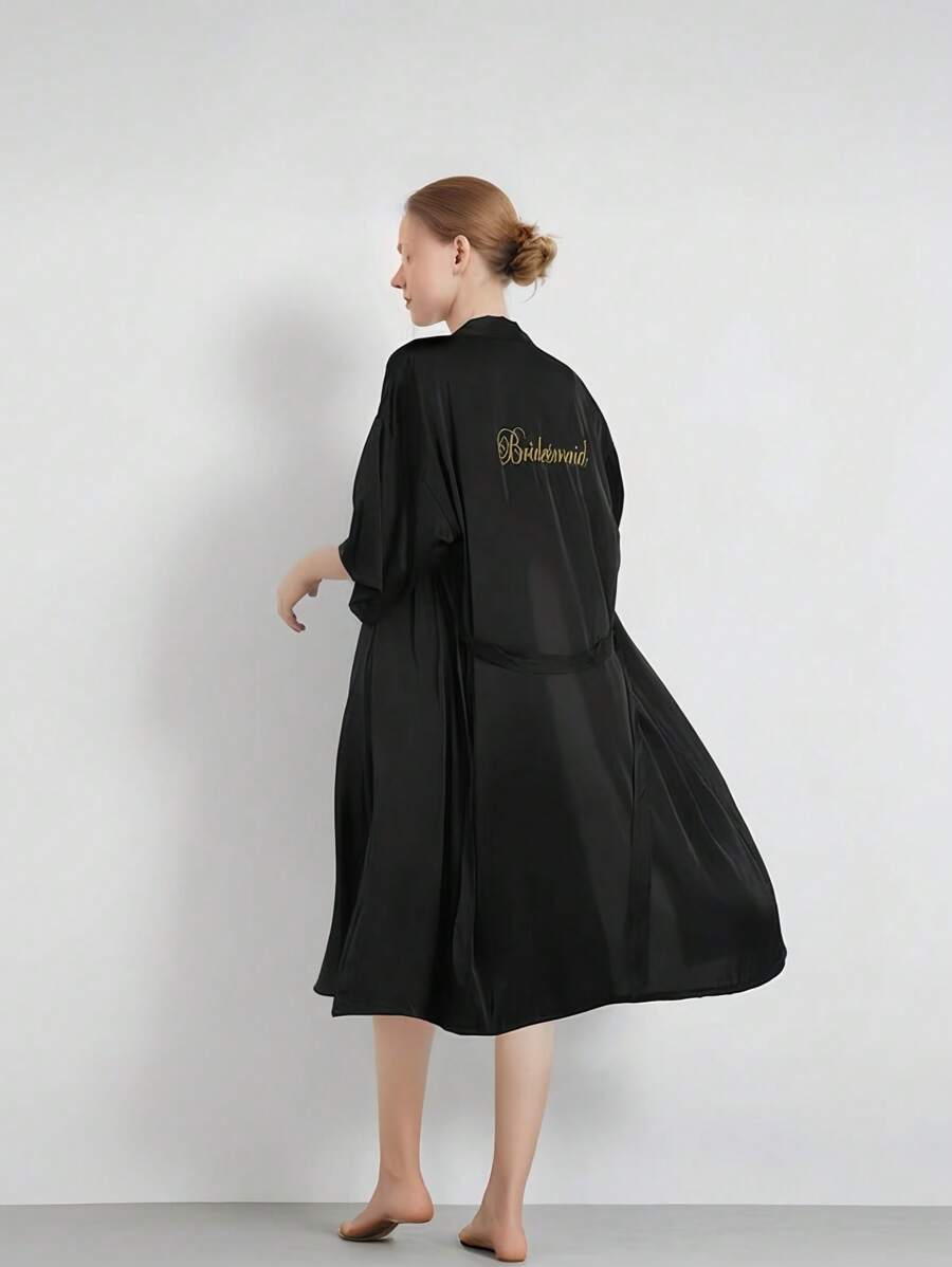 1 件女士春夏婚礼伴娘睡衣黑色睡衣，新娘礼服，闺蜜派对刺绣浴袍新娘浴袍婚礼派对用品户外婚礼节日派对用品，春季 - 黑色 - 查看 1