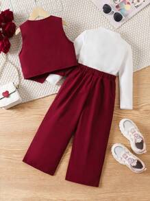 SHEIN Elladie kids Nowy strój imprezowy dla dziewczynek na wiosnę i jesień, elegancki kamizelka + szerokie spodnie + koszulka z długim rękawem, 3-częściowy zestaw, swobodny zestaw na zewnątrz, różowy bezrękawnik zapinany na guziki + wygodny golf z długim rękawem i dzianinową bluzką + szerokie spodnie, stylowy, europejsko-amerykański szykowny zestaw ubranek dla małej dziewczynki - Burgund - Zobacz 2