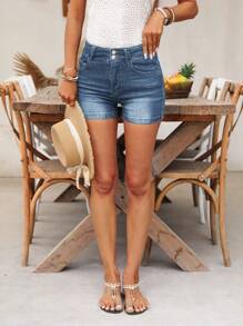 SHEIN LUNE Shorts de mezclilla casuales para mujer con bolsillo y cierre de botones de colores contrastantes, para el verano - Azul - Ver 4