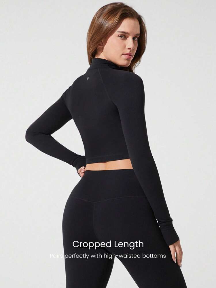 FeatherFit™ Studio Stamina Swea -Wicking Slim Fit Long Sleeve Thumbholes Cropped Zip Active Jacket Low Impact Yoga Pilates Studio Daily Casual Wear