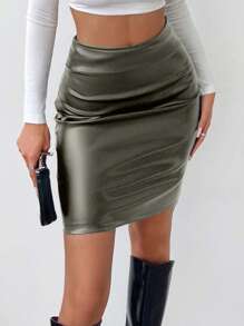 EURMUSE Women's Solid Color Pleated Zipper Back Bodycon Mini Skirt - Army Green - View 5