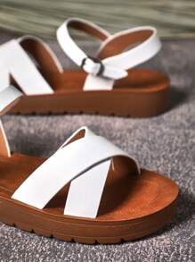 SHUZIA 圓頭交叉帶厚底涼鞋 - 白色 - 查看 6