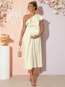 Loomaby Robe élégante pour femmes enceintes avec encolure asymétrique volantée de couleur unie - Nude - Voir 5