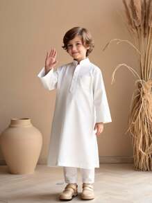 Young Boy Concealed Pocket Half-Placket White Long Sleeve Robe, Spring/Summer/Autumn - White - View 7
