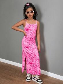 SHEIN 青少年女孩休闲街头风格针织几何印花细肩带开衩下摆连衣裙 - 玫紅色 - 查看 12