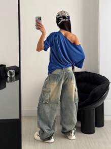 StreetHx 女式超大宽松斜肩 T 恤，74 号印花短袖 T 恤，加大码，朋克风格，街头潮流 - 寶藍色 - 查看 2