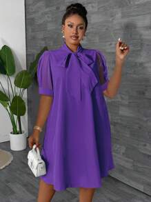 Maweii 大码女式宽松网眼拼布蝴蝶结设计连衣裙，适合春夏度假 - 紫色 - 查看 5