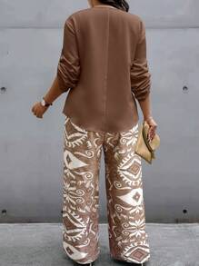 EMERY ROSE Top avec col châle et manches retroussées à imprimé aléatoire, grande taille, et pantalon long à imprimé intégral, ensemble 2 pièces