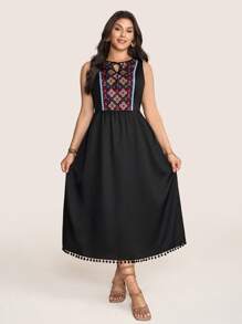 SHEIN LUNE Women's Black Boho Sleeveless Tassel Dress,Solid Color Fashion Vacation Outfits For Summer Clothes,European Style Casual Summer Outfits For Women - Black - View 8