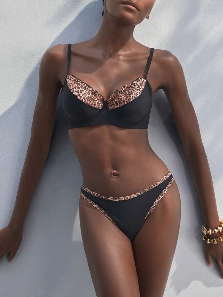 SHEIN Maija Women's Summer Beach Leopard Print Frill Trim Sexy Bikini Swimsuit Set