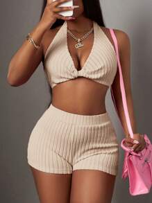 Slaydiva 2pcs Summer New Arrival Women Casual Sexy Solid Fuchsia Backless Halter V-Neck Sleeveless Top And Shorts Set