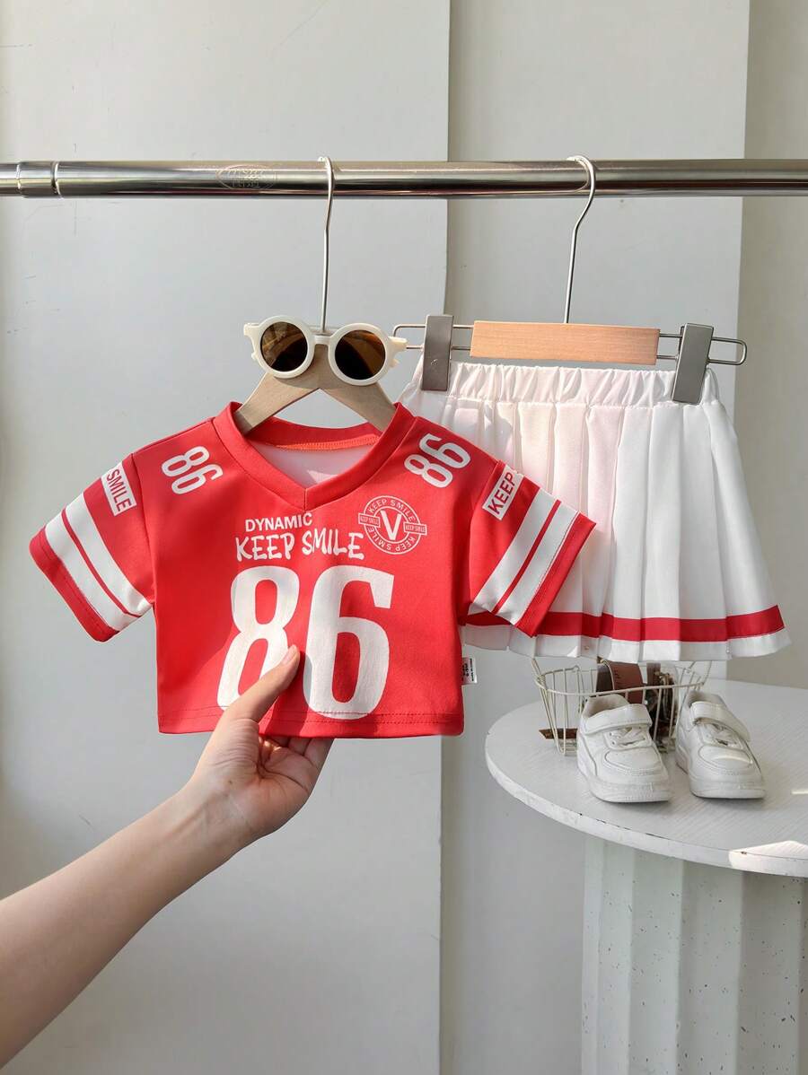 2 件套女婴幼儿 0-3 岁时尚 V 领粉色短袖针织上衣 T 恤和百褶裙套装 - 彩色 - 查看 1