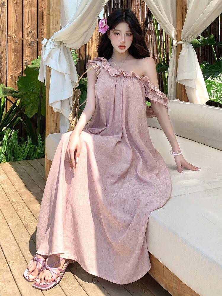 Women Summer Vacation Beach Frill Trim Backless Loose Sleeveless Elegant Dress Spaghetti Strap Tank Dress