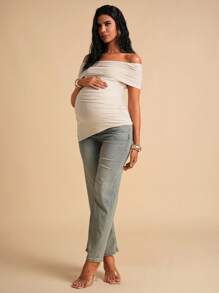 MaterniChic Maternity Tops Maternity Off Shoulder Ruched Asymmetric Hem T-Shirt, Solid Color,  Summer Clothes - Apricot - View 5