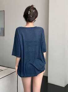 DAZY Camiseta holgada de manga corta con cuello en V profundo minimalista informal, para mujer, de verano
