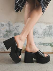 Sugerpunk 女士方头厚底坡跟凉鞋，舒适休闲一脚蹬，适合派对和聚会 女士朋克哥特粗高跟露趾系带凉鞋，舒适休闲，适合派对和聚会