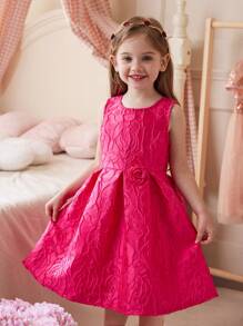 SHEIN Elegant Rose Pattern Sleeveless Dress For Young Girls Polyester Material With Round Neck And Flared Hem - Red - View 4