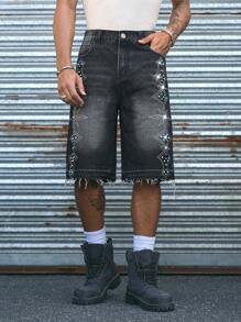 AXEPEAK Men's Retro Style Pocket Decor Loose Casual Denim Shorts, Streetwear Inspired - Black - View 2