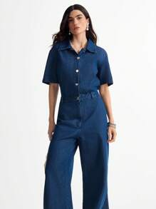 Daynim 前扣阔腿牛仔连体裤 - 中等水洗藍 - 查看 6