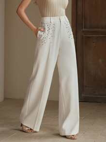 Anewsta Elegant Retro Crystal Decor Women's Wide Leg Suit Pants - Apricot - View 7