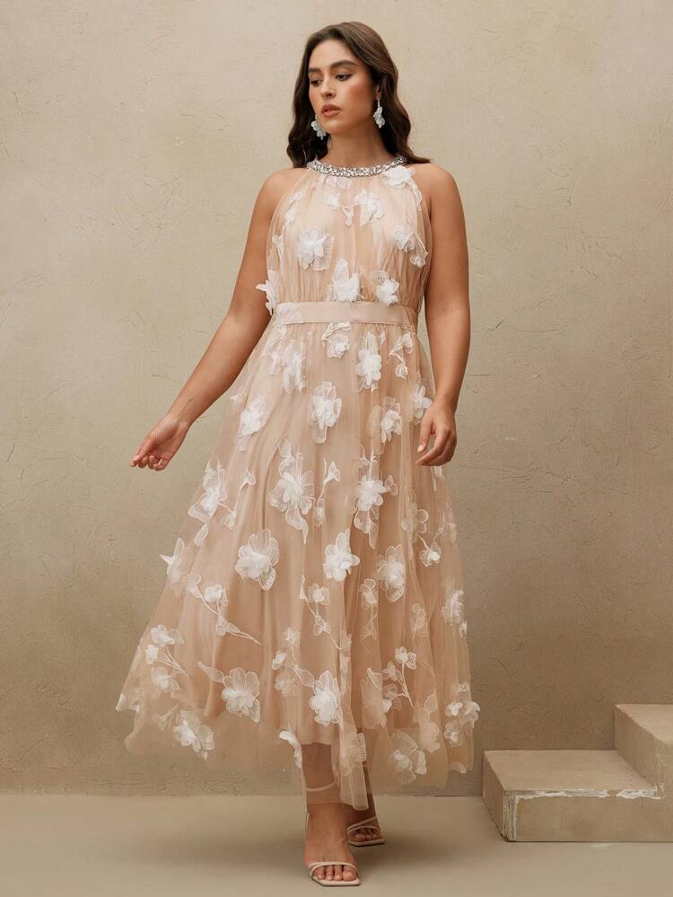 Plus Size 3D Floral Mesh, Rhinestone Decor, Empire Waist Sleeveless Elegant Vacation Dress, Suitable For Spring, Summer, Festival, Graduation