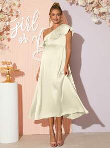 Loomaby Robe élégante pour femmes enceintes avec encolure asymétrique volantée de couleur unie - Nude - Voir 6