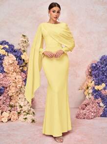 SHEIN Belle Elegante y romántico vestido de dama de honor de punto con cuello redondo, manga larga, pliegues y bajo cola de sirena