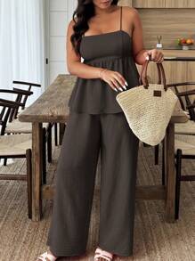 Weeklong 2pcs Plus Size Women Summer Solid Ruffle Hem Camisole And Pants Set