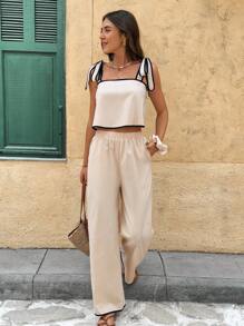 Serisse 2 件女式撞色饰边无袖系带肩短款上衣和裤子套装，休闲 - 彩色 - 查看 2