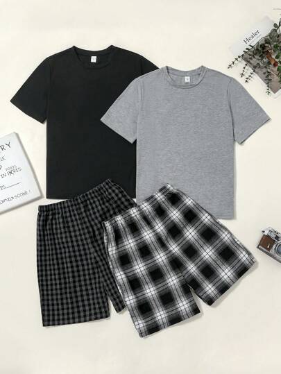 SHEIN 4-Piece Casual Pajama Set For Teen Boys, Includes Plain Round Neck T-Shirt And Plaid Shorts, Loose And Comfortable