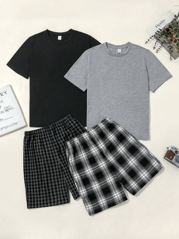 SHEIN 4-delige casual pyjamaset voor tienerjongens, inclusief effen T-shirt met ronde hals en geruite shorts, los en comfortabel