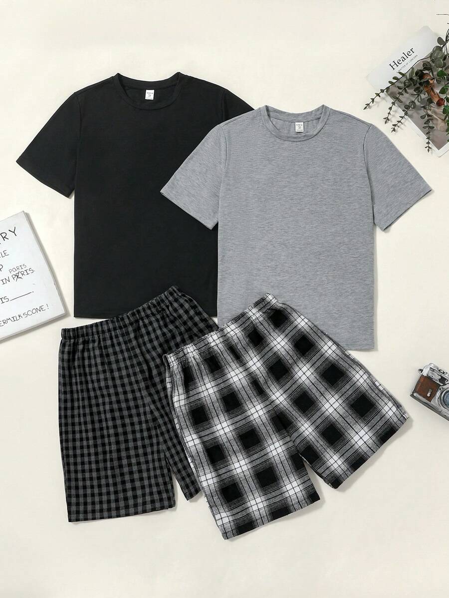 SHEIN 青少年男孩四件套休闲睡衣套装，包括纯色圆领T恤和格子短裤，宽松舒适 - 黑與白 - 查看 1