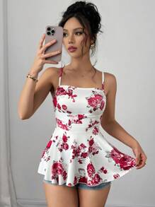 Elenzga Floral Print Ruffle Cinched Waist Camisole - Red - View 6