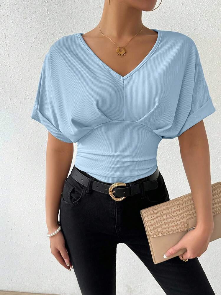 Chiquease Body de mujer en unicolor con escote en V y plisado - Azul - Añade 4