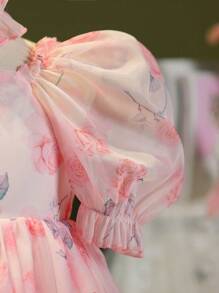 Girls' Elegant Rose Printed Organza Princess Dress With Puff Sleeve, Ruffle Hem And Waist Decoration, Cute Sweet Bubble Dress Suitable For Holidays, Parties, Birthdays, Summer - Pink - View 6