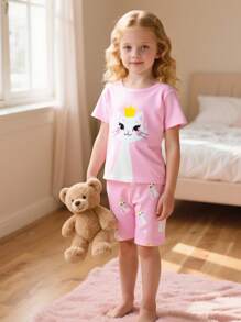 2pcs Baby Girl Cute Cat Graphic Round Neck Short Sleeve Tee And Shorts Casual Pajamas Set, Comfortable Stretchy Knit Fabric - Pink - View 6