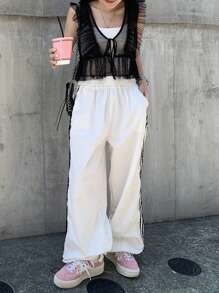 FRIFUL 女式网眼盖袖透明覆层上衣，夏季演唱会服装可爱上衣 - 黑色 - 查看 2