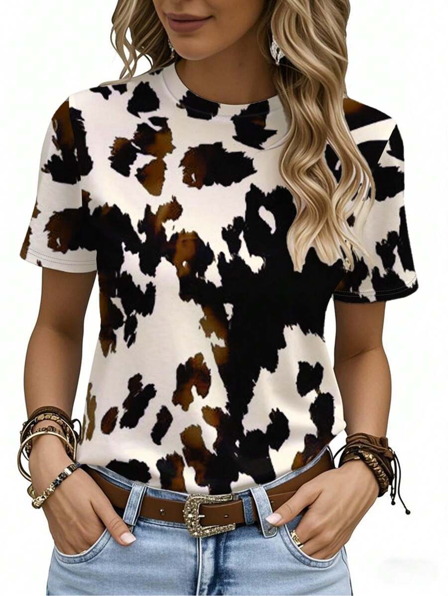 EMERY ROSE Áo thun cổ tròn tay ngắn in hình con bò, đa năng cho mùa hè - Nhiều màu - Xem 1