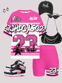 2pcs Vintage Sport "Cool Girl" Floral And Number 23 Print Set, Casual Short Sleeve T-Shirt & Shorts For Tweens, Summer